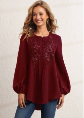 Wine Red tops,Plain Color tops,ROTITA Sequin Wine Red Crinkle Chest Blouse