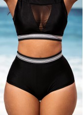 Black swimwear,Contrast Color swimwear,ROTITA High Waisted Mesh Stitching Black Bikini Set