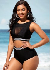 Black swimwear,Contrast Color swimwear,ROTITA High Waisted Mesh Stitching Black Bikini Set