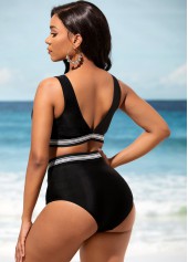 Black swimwear,Contrast Color swimwear,ROTITA High Waisted Mesh Stitching Black Bikini Set