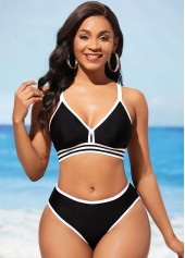 ROTITA Contrast Stitch Black Cross Strap Bikini Set