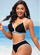Black swimwear,Contrast Color swimwear,ROTITA Contrast Stitch Black Cross Strap Bikini Set