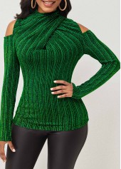 ROTITA Cold Shoulder Dark Green Glitter Fabric T Shirt