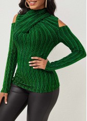 Blackish Green tops,Plain Color tops,ROTITA Cold Shoulder Dark Green Glitter Fabric T Shirt