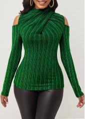 Blackish Green tops,Plain Color tops,ROTITA Cold Shoulder Dark Green Glitter Fabric T Shirt