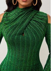 Blackish Green tops,Plain Color tops,ROTITA Cold Shoulder Dark Green Glitter Fabric T Shirt