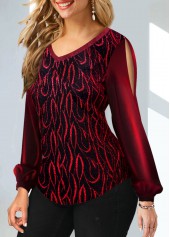 Wine Red tops,Floral tops,ROTITA Wine Red Velvet Stitching Hot Stamping Sweatshirt