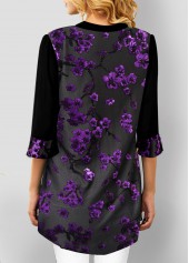 Purple tops,Floral tops,ROTITA Purple Velvet Stitching Split Neck Blouse