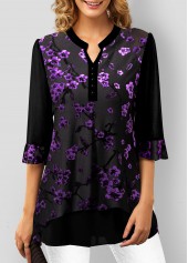 ROTITA Purple Velvet Stitching Split Neck Blouse