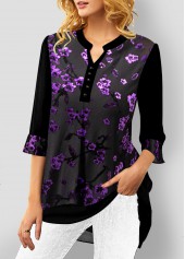Purple tops,Floral tops,ROTITA Purple Velvet Stitching Split Neck Blouse