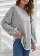 Light Grey tops,Plain Color tops,Decorative Button Light Grey Long Sleeve T Shirt