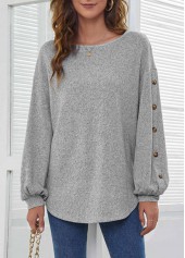 Decorative Button Light Grey Long Sleeve T Shirt