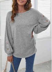 Light Grey tops,Plain Color tops,Decorative Button Light Grey Long Sleeve T Shirt