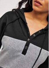 Black tops,Contrast Color tops,ROTITA Drawstring Black Kangaroo Pocket Long Sleeve Hoodie