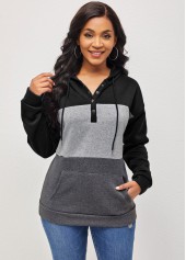 Black tops,Contrast Color tops,ROTITA Drawstring Black Kangaroo Pocket Long Sleeve Hoodie