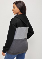 Black tops,Contrast Color tops,ROTITA Drawstring Black Kangaroo Pocket Long Sleeve Hoodie