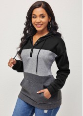 Black tops,Contrast Color tops,ROTITA Drawstring Black Kangaroo Pocket Long Sleeve Hoodie