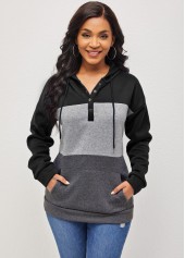 Black tops,Contrast Color tops,ROTITA Drawstring Black Kangaroo Pocket Long Sleeve Hoodie
