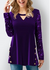 ROTITA Velvet Stitching Purple Sequin Decorative Button T Shirt