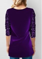 Purple tops,Plain Color tops,ROTITA Velvet Stitching Purple Sequin Decorative Button T Shirt