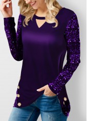 Purple tops,Plain Color tops,ROTITA Velvet Stitching Purple Sequin Decorative Button T Shirt