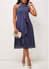 ROTITA Embellished Neck Solid Flounce Sleeveless Dress