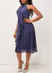 Dusty Blue dresses,Plain Color dresses,ROTITA Embellished Neck Solid Flounce Sleeveless Dress