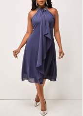 Dusty Blue dresses,Plain Color dresses,ROTITA Embellished Neck Solid Flounce Sleeveless Dress