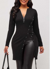 Quarter Zip Black Grommet Side Slit Blouse