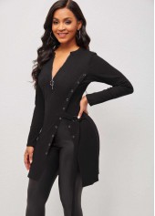 Black tops,Quarter Zip Black Grommet Side Slit Blouse
