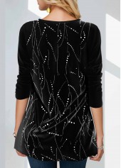 Black tops,Contrast Color tops,ROTITA Hot Stamping Black Round Neck Sweatshirt