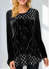 Black tops,Contrast Color tops,ROTITA Hot Stamping Black Round Neck Sweatshirt