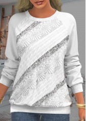 ROTITA White Sequin Long Sleeve Lace Patchwork Sweatshirt
