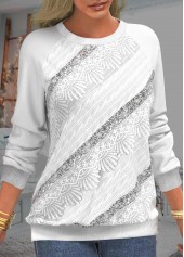 White tops,Plain Color tops,ROTITA White Sequin Long Sleeve Lace Patchwork Sweatshirt