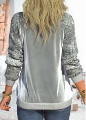 Grey tops,Plain Color tops,ROTITA Lace Sequin Grey Velvet Stitching Round Neck Sweatshirt