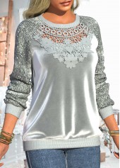 Grey tops,Plain Color tops,ROTITA Lace Sequin Grey Velvet Stitching Round Neck Sweatshirt