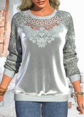 ROTITA Lace Sequin Grey Velvet Stitching Round Neck Sweatshirt