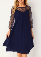 ROTITA Lace Stitching Sequin Navy Blue Dress