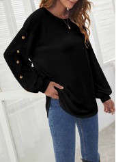 Black tops,Plain Color tops,Decorative Button Black Long Sleeve T Shirt