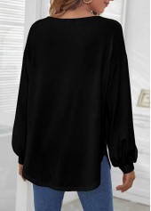 Black tops,Plain Color tops,Decorative Button Black Long Sleeve T Shirt