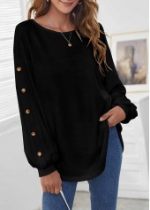 Black tops,Plain Color tops,Decorative Button Black Long Sleeve T Shirt