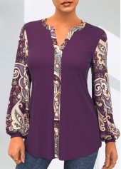 ROTITA Paisley Print Purple Split Neck Blouse