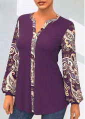 Purple tops,Paisley tops,ROTITA Paisley Print Purple Split Neck Blouse