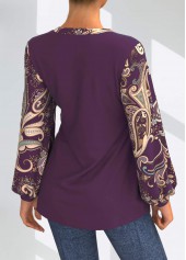 Purple tops,Paisley tops,ROTITA Paisley Print Purple Split Neck Blouse