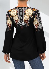 Gold tops,Tribal tops,ROTITA Tribal Print Gold Split Neck Long Sleeve Blouse