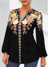 Gold tops,Tribal tops,ROTITA Tribal Print Gold Split Neck Long Sleeve Blouse