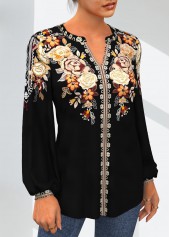 Gold tops,Tribal tops,ROTITA Tribal Print Gold Split Neck Long Sleeve Blouse