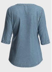 Denim Blue tops,Plain Color tops,ROTITA Split Neck Denim Blue 3/4 Sleeve Blouse