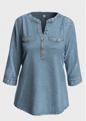 ROTITA Split Neck Denim Blue 3/4 Sleeve Blouse