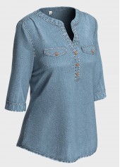 Denim Blue tops,Plain Color tops,ROTITA Split Neck Denim Blue 3/4 Sleeve Blouse